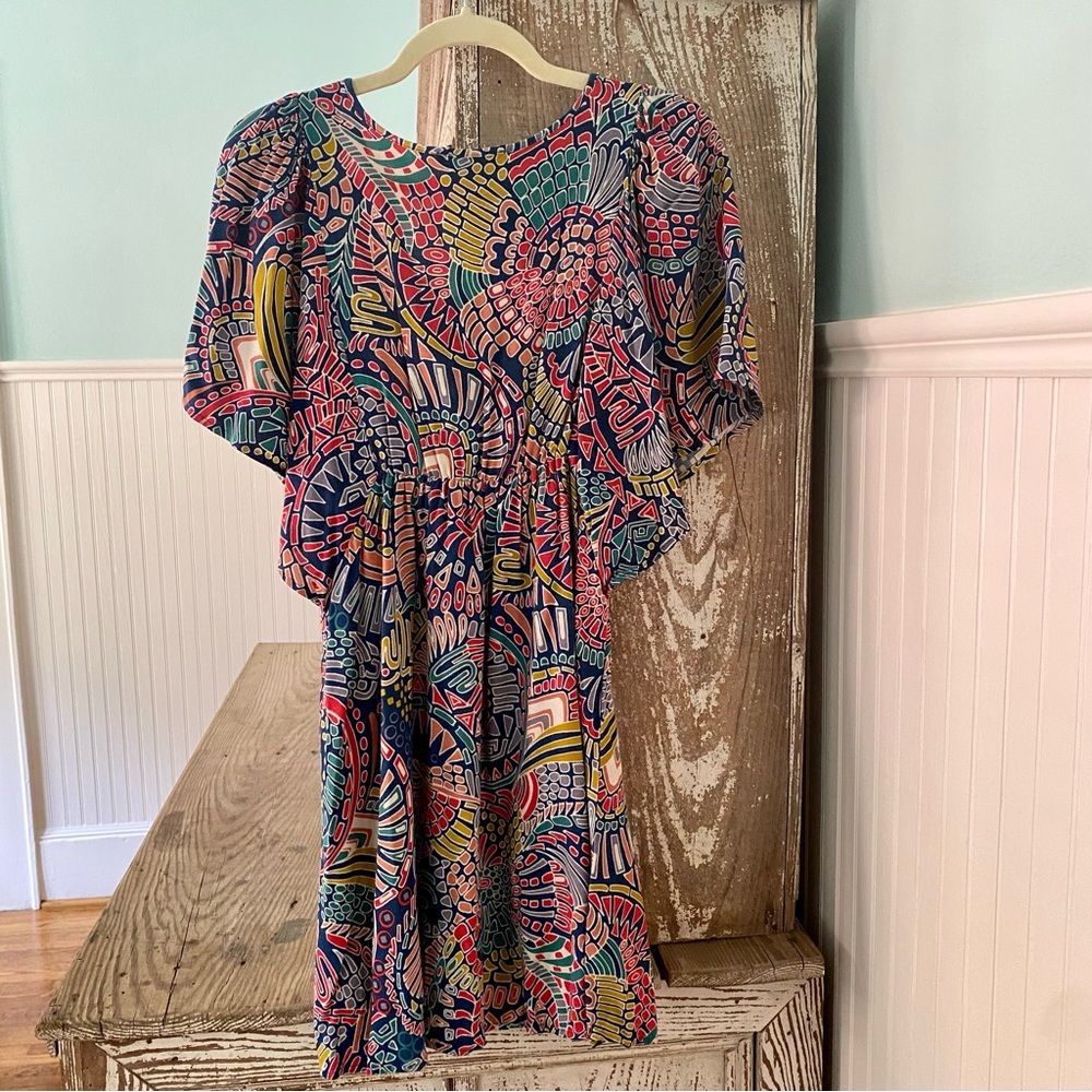 Multicolor Patterned Boho Flutter Sleeve Mini Dre… - image 3